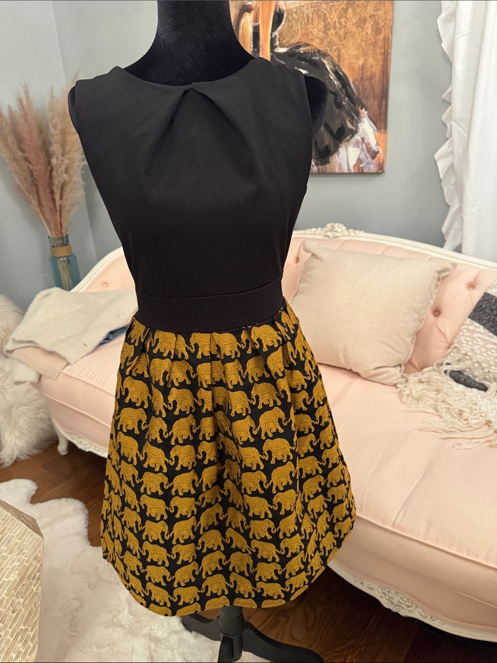 Black and Mustard Elephant Print Fit-and-Flare Dress